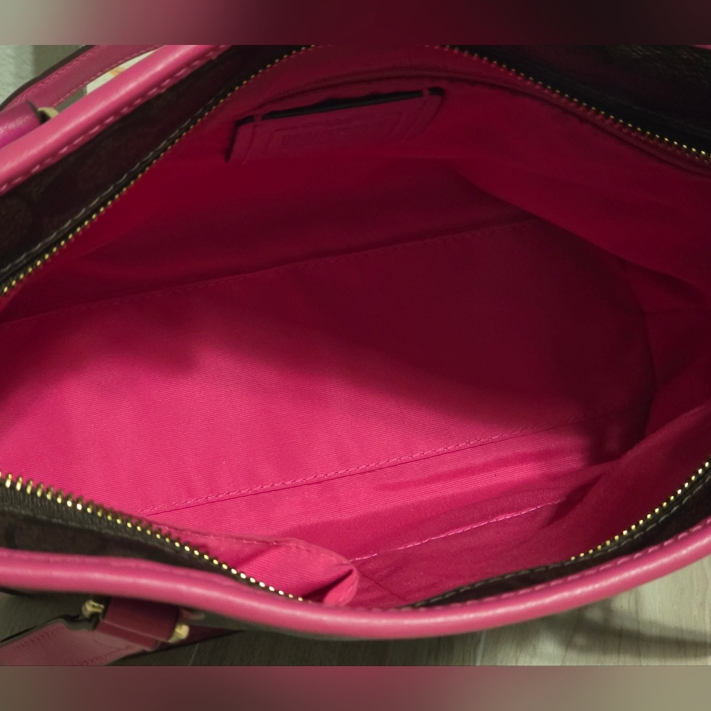Coach Beautiful Hot Pink Signature Tote F34603 Brown & Pink Shoulder Bag Purse - Picture 2 of 7